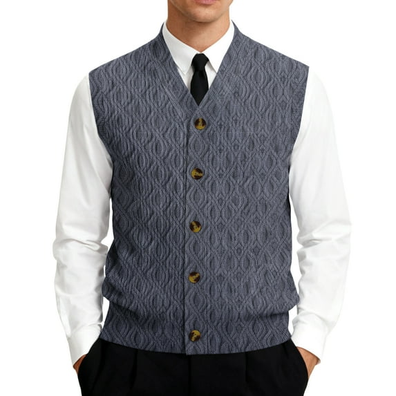 Men's V-Neck Sleeveless Knit Cardigan Vest Texture Print Button-Down Shirt Navy Blue Size XXXXL