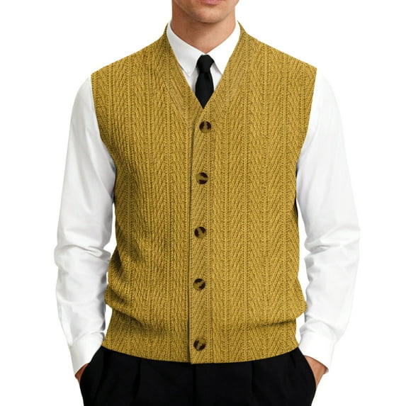 Men's V-Neck Sleeveless Knit Cardigan Vest Texture Print Button-Down Shirt Yellow Size XXXXL