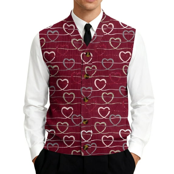 Men's V-Neck Sleeveless Knit Cardigan Vest Valentine's Day Print Button-Down Shirt Wine Red Size M