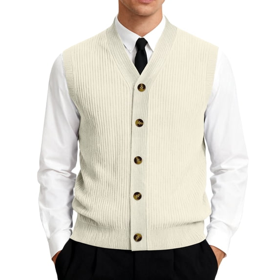 Men's V-Neck Sleeveless Knit Cardigan Vest with Button Closure and Checkered Pattern Beige S