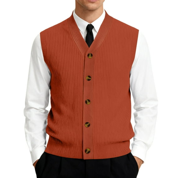 Men's V-Neck Sleeveless Knit Cardigan Vest with Button Closure and Checkered Pattern Ginger 2XL