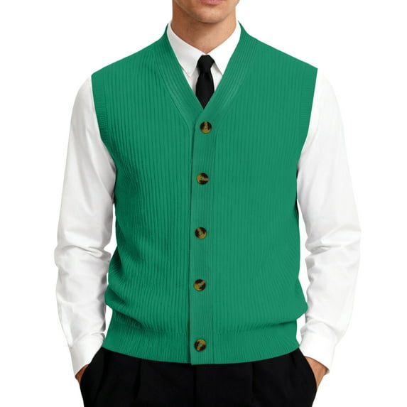 Men's V-Neck Sleeveless Knit Cardigan Vest with Button Closure and Checkered Pattern Green 2XL