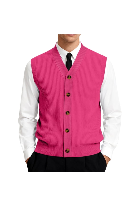 Men's V-Neck Sleeveless Knit Cardigan Vest with Button Closure and Checkered Pattern Hot Pink 2XL