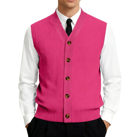 Men's V-Neck Sleeveless Knit Cardigan Vest with Button Closure and Checkered Pattern Hot Pink L