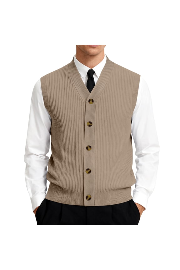 Men's V-Neck Sleeveless Knit Cardigan Vest with Button Closure and Checkered Pattern Light Brown XL
