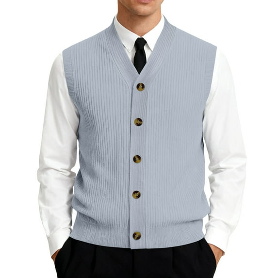 Men's V-Neck Sleeveless Knit Cardigan Vest with Button Closure and Checkered Pattern Light Gray M