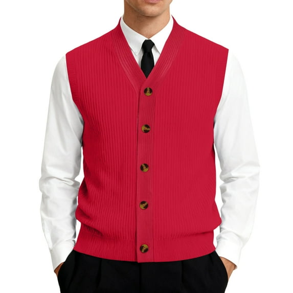 Men's V-Neck Sleeveless Knit Cardigan Vest with Button Closure and Checkered Pattern Red 2XL