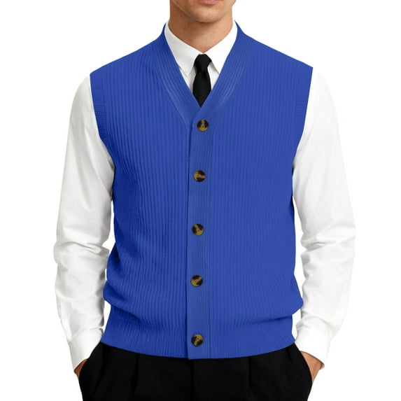 Men's V-Neck Sleeveless Knit Cardigan Vest with Button Closure and Checkered Pattern Royal Blue M