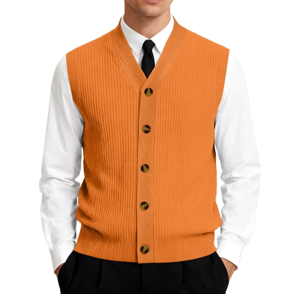 Men's V-Neck Sleeveless Knit Cardigan Vest with Button Closure and Checkered Pattern Saffron 5XL