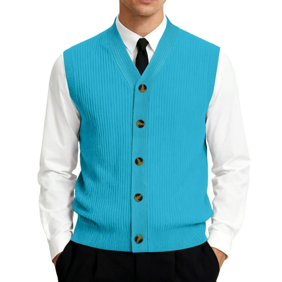 Men's V-Neck Sleeveless Knit Cardigan Vest with Button Closure and Checkered Pattern Sky Blue 4XL
