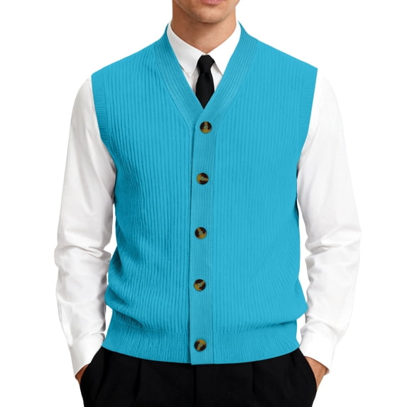Men's V-Neck Sleeveless Knit Cardigan Vest with Button Closure and Checkered Pattern Sky Blue S