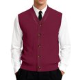thumbnail image 1 of Men's V-Neck Sleeveless Knit Cardigan Vest with Button Closure and Checkered Pattern Wine L, 1 of 4