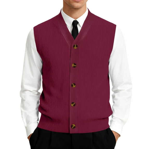 Men's V-Neck Sleeveless Knit Cardigan Vest with Button Closure and Checkered Pattern Wine L