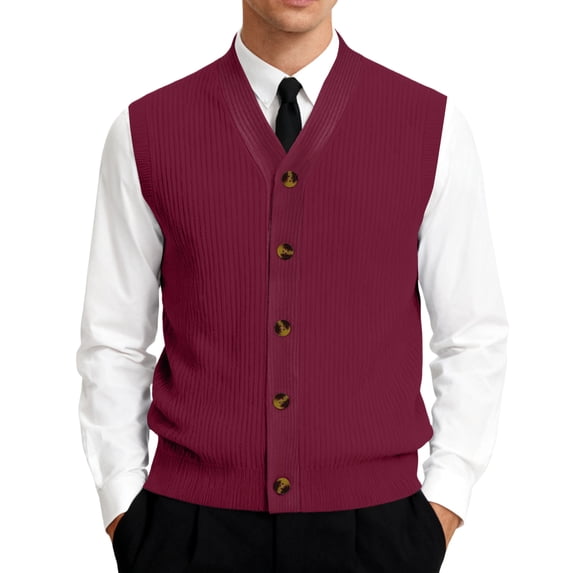 Men's V-Neck Sleeveless Knit Cardigan Vest with Button Closure and Checkered Pattern Wine M