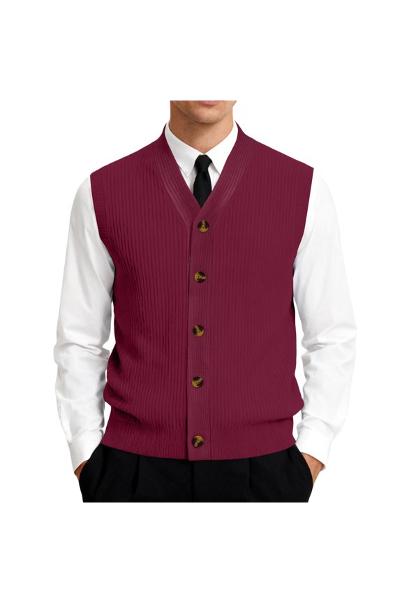 Men's V-Neck Sleeveless Knit Cardigan Vest with Button Closure and Checkered Pattern Wine M