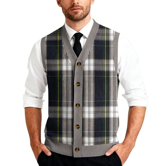 Men's V-Neck Sleeveless Knit Cardigan Vest with Mixed Pattern and Button Front Dark Gray L