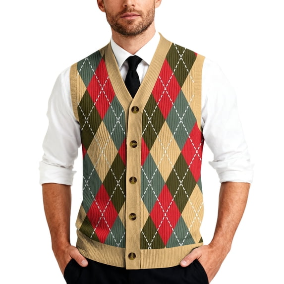 Men's V-Neck Sleeveless Knit Cardigan Vest with Mixed Pattern and Button Front Earthy Yellow S