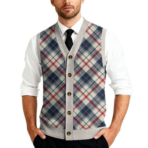 Men's V-Neck Sleeveless Knit Cardigan Vest with Mixed Pattern and Button Front Light Gray M