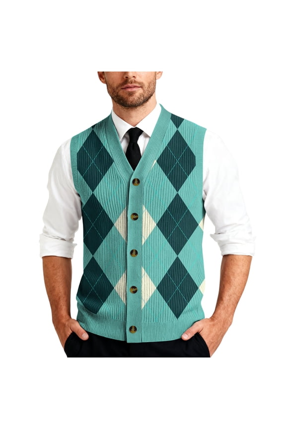 Men's V-Neck Sleeveless Knit Cardigan Vest with Mixed Pattern and Button Front Turquoise S