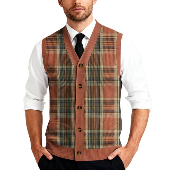 Men's V-Neck Sleeveless Knit Cardigan Vest with Mixed Pattern and Button Front Watermelon Red M