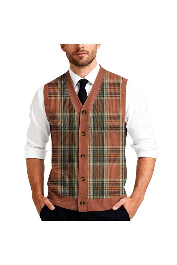 Men's V-Neck Sleeveless Knit Cardigan Vest with Mixed Pattern and Button Front Watermelon Red M