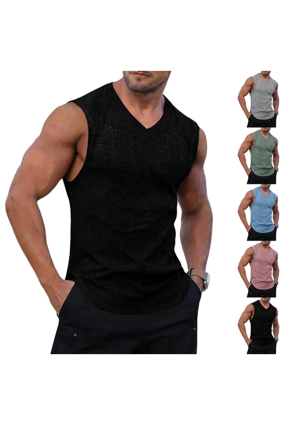 Men's V-Neck Sleeveless Tank Top Textured Knit Muscle Shirt Casual Workout Gym Tops Lightweight Breathable Summer Tee Black S