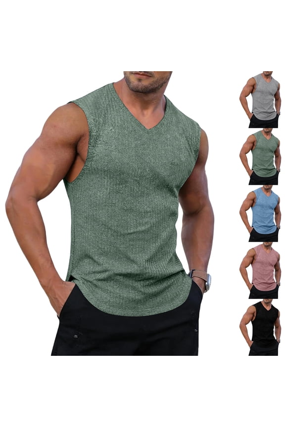 Men's V-Neck Sleeveless Tank Top Textured Knit Muscle Shirt Casual Workout Gym Tops Lightweight Breathable Summer Tee Green L