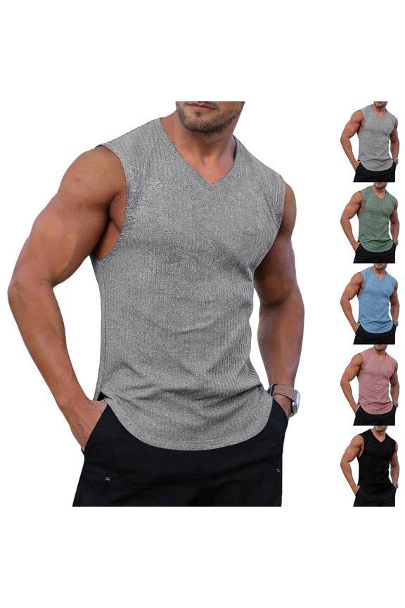 Men's V-Neck Sleeveless Tank Top Textured Knit Muscle Shirt Casual Workout Gym Tops Lightweight Breathable Summer Tee Light Gray S