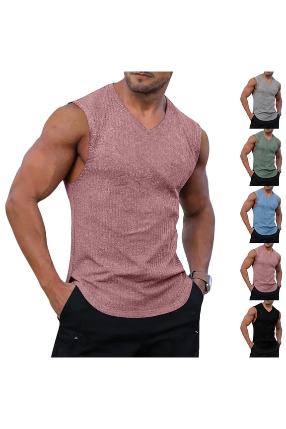 Men's V-Neck Sleeveless Tank Top Textured Knit Muscle Shirt Casual Workout Gym Tops Lightweight Breathable Summer Tee Pink M