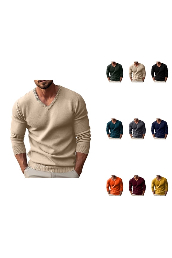 Men's V-Neck Slim Long Sleeve Rib Knit Sweater – Autumn Winter Pullover Knitwear with Classic Basic Fit
