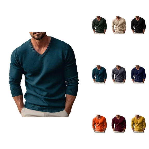Men's V-Neck Slim Long Sleeve Rib Knit Sweater – Autumn Winter Pullover Knitwear with Classic Basic Fit