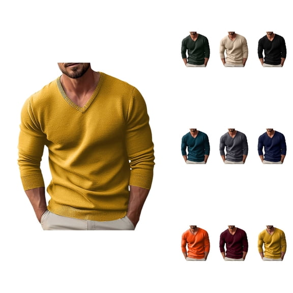 Men's V-Neck Slim Long Sleeve Rib Knit Sweater – Autumn Winter Pullover Knitwear with Classic Basic Fit