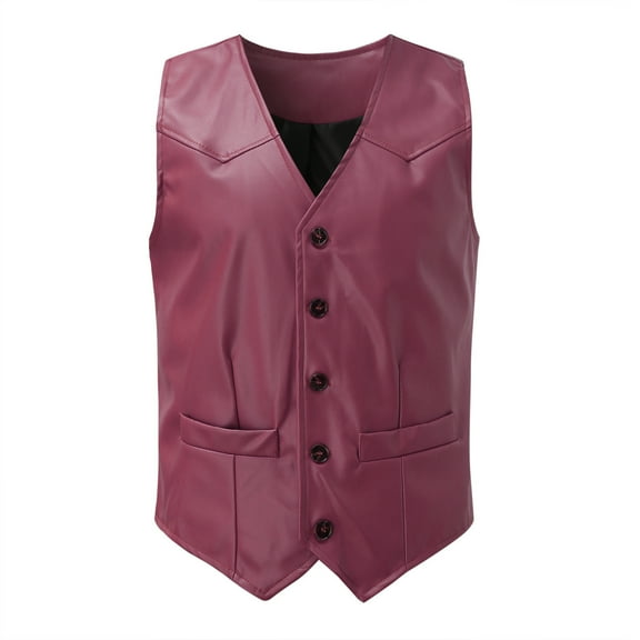 Men's V-Neck Solid Color Button Leather Vest with Pocket - Retro Style, Regular Fit - Daily/Party - M-XXXXL