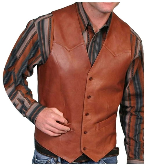 Men's V-Neck Solid Color Button Leather Vest with Pocket - Retro Style, Regular Fit - Daily/Party - M-XXXXL