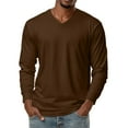 thumbnail image 1 of Men's V-Neck Solid Color Long Sleeve T-Shirt Casual Basic Tee Minimalist Style Loose Fit Comfortable Everyday Crew Top,Brown,3XL, 1 of 6