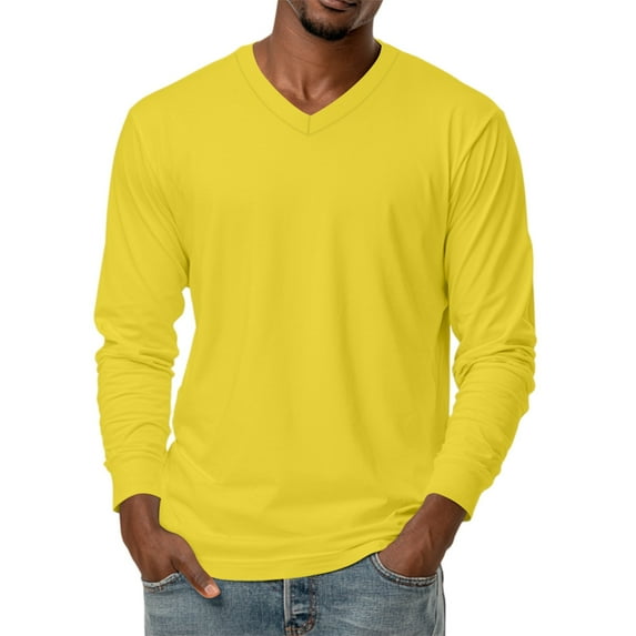 Men's V-Neck Solid Color Long Sleeve T-Shirt Casual Basic Tee Minimalist Style Loose Fit Comfortable Everyday Crew Top,Yellow,M