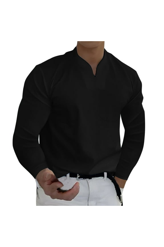 Men's V-Neck Solid Long Sleeve Tee - Polyester Casual Top, All-Season Wear, True to Size Fit, Hand Wash Cold, Versatile for Business & Daily