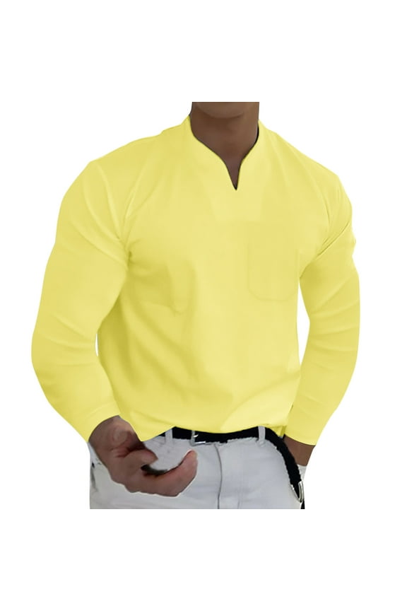 Men's V-Neck Solid Long Sleeve Tee - Polyester Casual Top, All-Season Wear, True to Size Fit, Hand Wash Cold, Versatile for Business & Daily