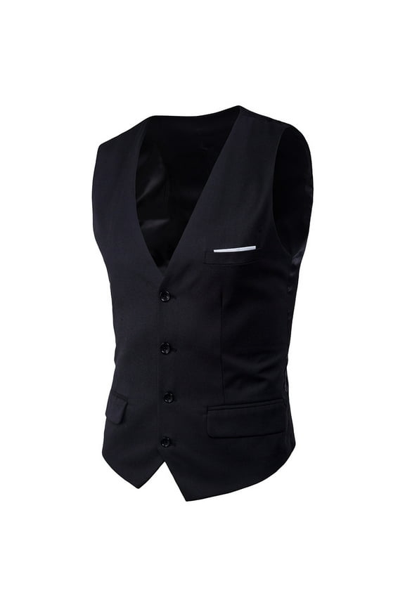 Men's V-Neck Suit Vest Slim Fit Business Formal Dress Waistcoat Solid Color Vest with Pocket Black XXL