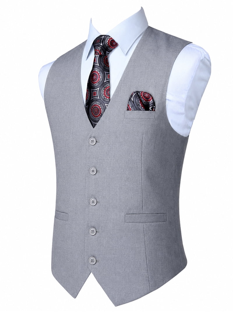 Men's Suit Vests Formal Business Dress Vest Wedding Tuxedo Light Grey V-Neck Slim Fit Waistcoat 3XL