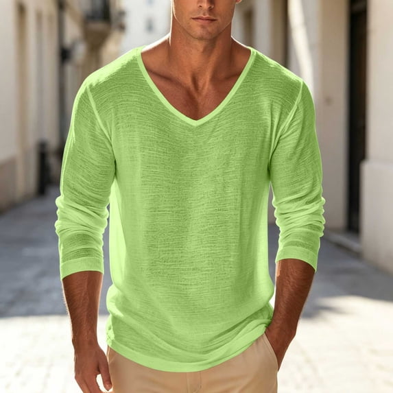 Men's V-Neck Summer Top Fashion Summer Shirts V-Neck Solid Color Tops Long Sleeve Blouses Lightweight Breathable Casual T-Shirt for Men