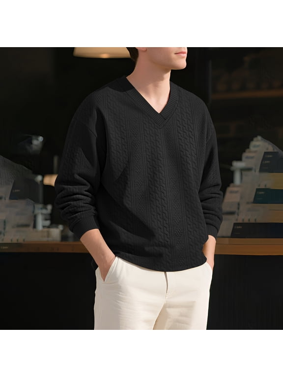 Men's V Neck Sweater Pullover Long Sleeve Cable Knit Textured Casual Loose Fit Solid Color Top with Ribbed Cuffs and Hem Soft Knit Fabric Spring Fall Winter Everyday Wear Basic Layer Black XXL