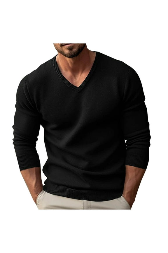 Men's V Neck Sweater Soft Casual Classic Ribbed Knit Pullover Top Lightweight Comfy Long Sleeve Sweaters T Shirts
