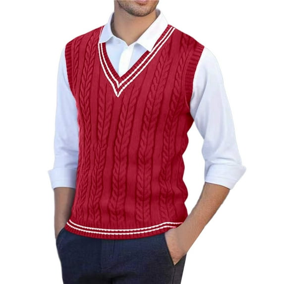 Men's V Neck Sweater Vest 2025 Fall Fashion Sleeveless Solid Cable Knitted Tops Striped Casual Slim Fit Pullover Vest Red L