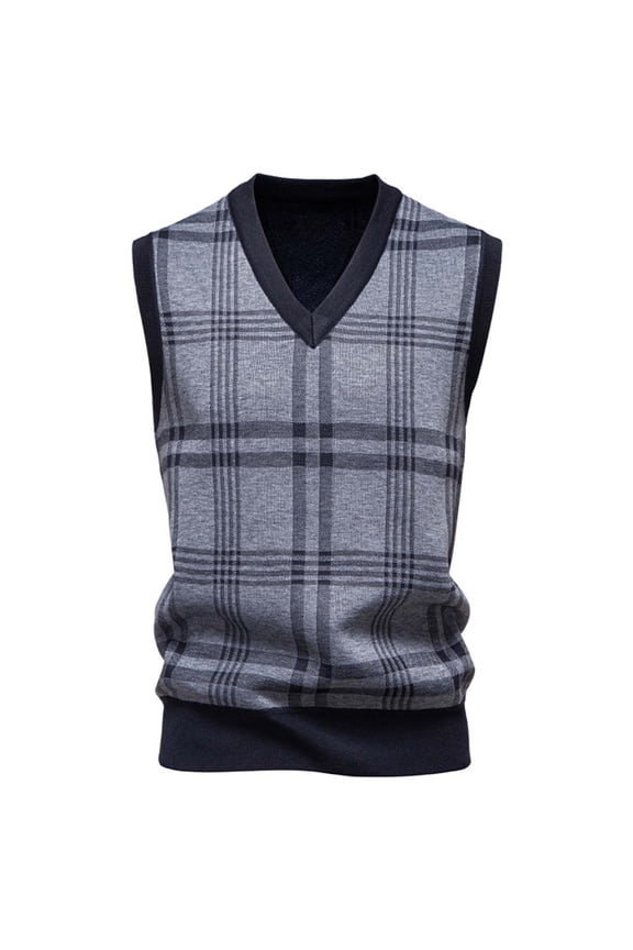 Men's V-Neck Sweater Vest - Bosfbaoi Winter Plaid Patterned Knitted Pullover, Stretchable FitFleece Lined for Warmth, Mens Sleeveless Sweater Ideal for Layering