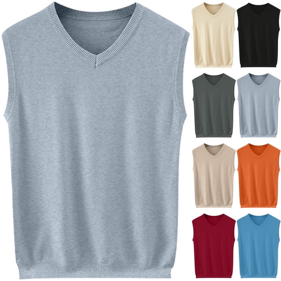 Men's V-Neck Sweater Vest Sleeveless Classic Fit Ribbed Knit Warm Pullover Tops for Business Casual Office Work Daily Wear Fall Winter, Gray, M