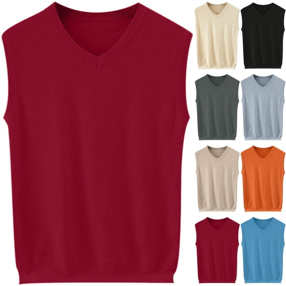 Men's V-Neck Sweater Vest Sleeveless Classic Fit Ribbed Knit Warm Pullover Tops for Business Casual Office Work Daily Wear Fall Winter, Red, XXL