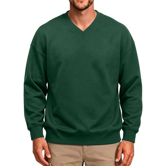Men's V Neck Sweatshirt Casual Long Sleeve Solid Color Pullover Fall Winter Warm Sweatshirts Fashion Pullovers Yop Dark Green L