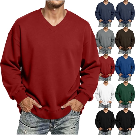 Men's V Neck Sweatshirt, Loose Drop Shoulder Long Sleeve Pullover Hoodless Casual Top for Fall Winter Sports Daily Outdoor Wear