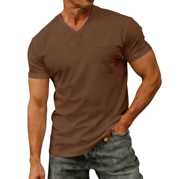 Men's V Neck T Shirt Short Sleeve Chest Pocket Casual Tee Soft Breathable Top for Summer Daily Wear